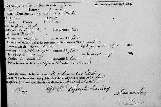 Acte de naissance de Sébastien Joseph Defleur, Fosses, 21 février 1845 — né la veille, fils de Gaspard Defleur, journalier, et de Rosalie Duran[d], ménagère, demeurant à Fosses ; déclaré par l'accoucheuse