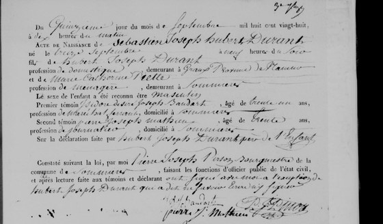 Acte de naissance de Sébastien Joseph Hubert Durant, Sommière, 15 septembre 1828 — né le 13, fils d'Hubert Joseph Durant, domestique demeurant à Graux, et de Marie Catherine Piette, ménagère à Sommière