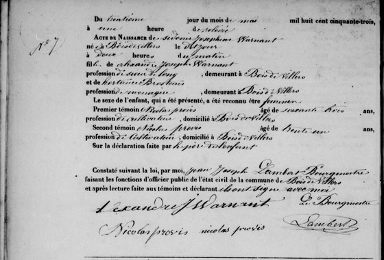 Son acte de naissance — Bois-de-Villers, 30 mai 1853, n° 7 ( ; AGATHA 191901 0597au natif)