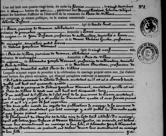 Son acte de mariage — Bois-de-Villers, 23 février 1883, n° 2