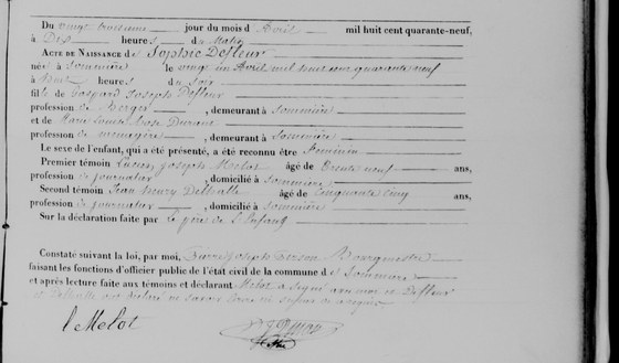 Acte de naissance de Sophie Defleur, Sommière, 23 avril 1849 — née le 21, fille de Gaspard Joseph Defleur, berger, et de Marie Louise Rose Durant, ménagère ; le père déclare et ne sait signer