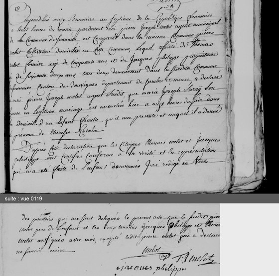 Acte de naissance de Thérèse Rosalie Melot, Sommière, 11 brumaire an VII — née la veille au soir ; déclarée par son père, cultivateur, devant l'agent municipal Pierre Joseph Melot ; montage de deux vues (0118, 0119)
