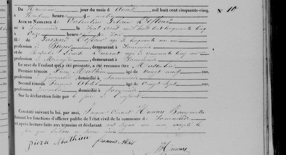 Acte de naissance n° 10 de Valentin Gilain Defleur, Sommière, 9 août 1855 — né le 7, fils de Gaspard Defleur, cinquante et un ans, berger, et de Rosalie Louise Durant, « quarante-cinq ans », ménagère ; le père déclare et ne sait écrire