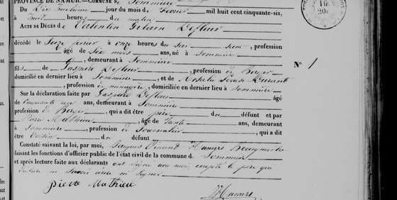 Acte de décès n° 1 de Valentin Gilain Defleur, Sommière, 18 février 1856 — mort le 16, à six mois ; déclaré par son père et un voisin